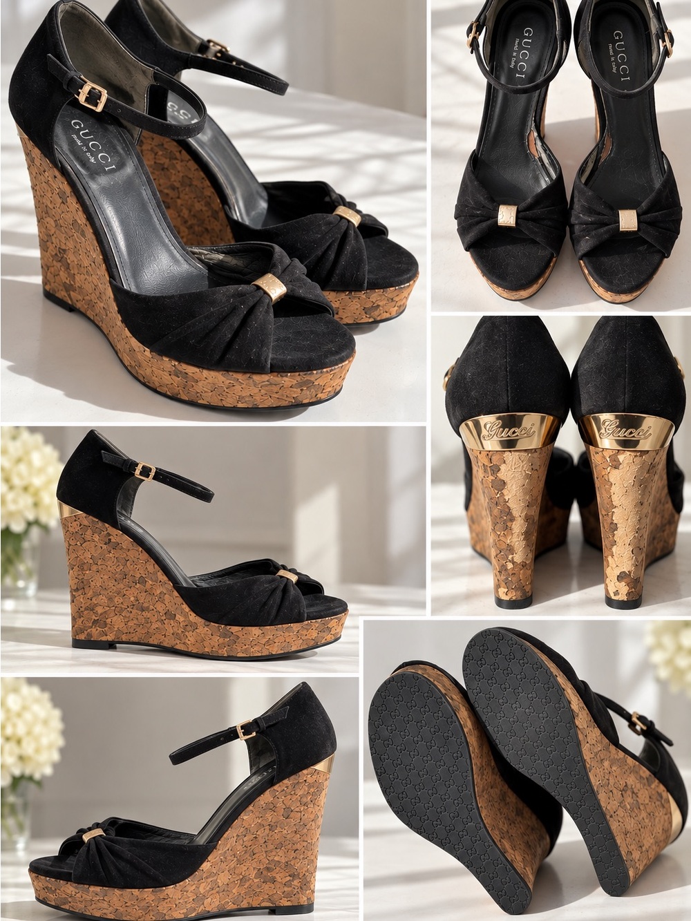 Gucci Black Suede Cork Wedge Platform Sandals